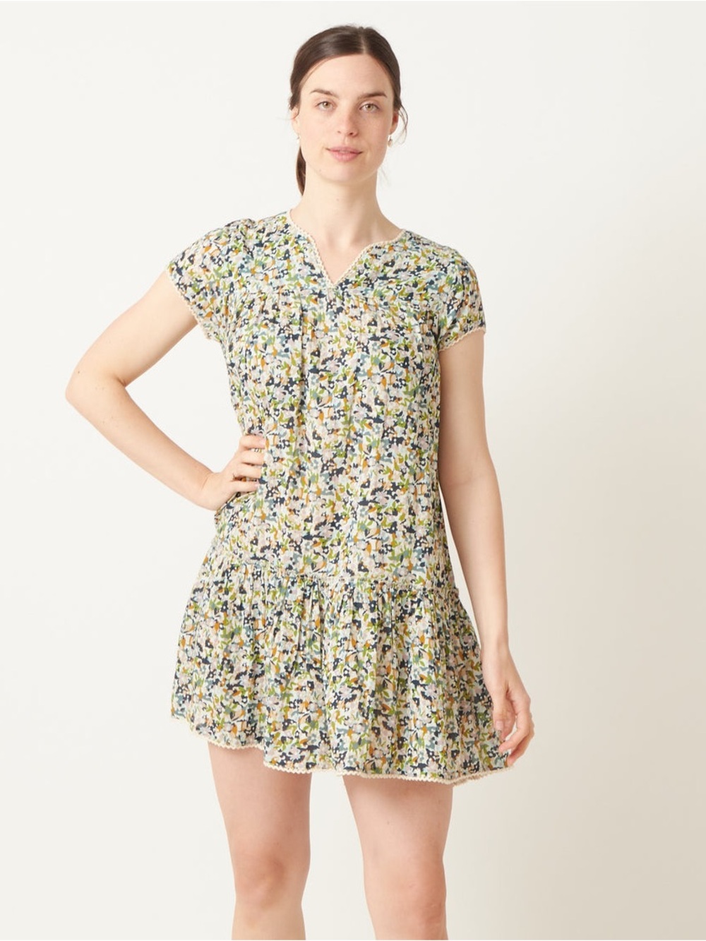 Oliphant Floral Mini Dress in Cream, Blue, Green - Picture 3 of 11
